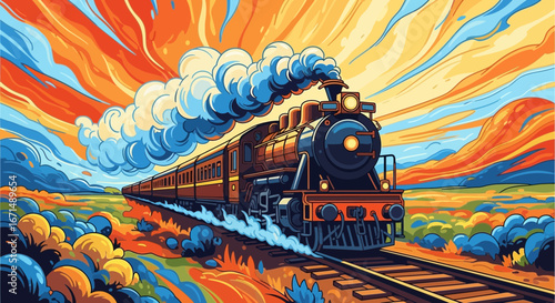 A vibrant, colorful illustration of a classic steam train traveling through a surreal, painterly landscape under a dramatic sky.
