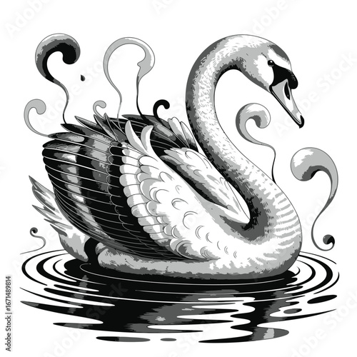 A stylized black and white swan illustration with a touch of a serpent design
