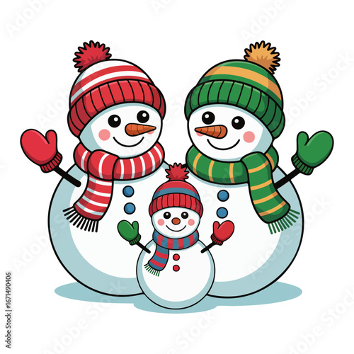 three snowmen with hats and scarves