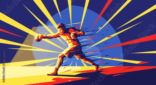 A dynamic illustration of a boxer throwing a powerful punch with radiating lines of energy and motion.