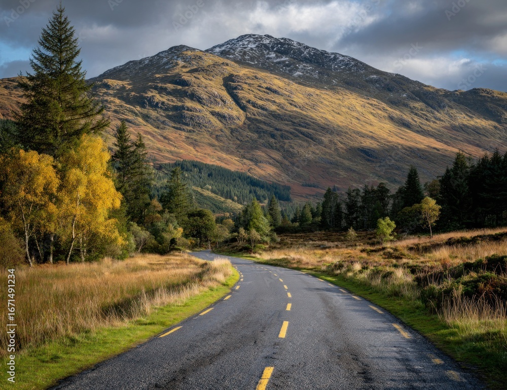 Fototapeta premium Winding road leads towards a mountain under a cloudy sky, bordered by autumn foliage