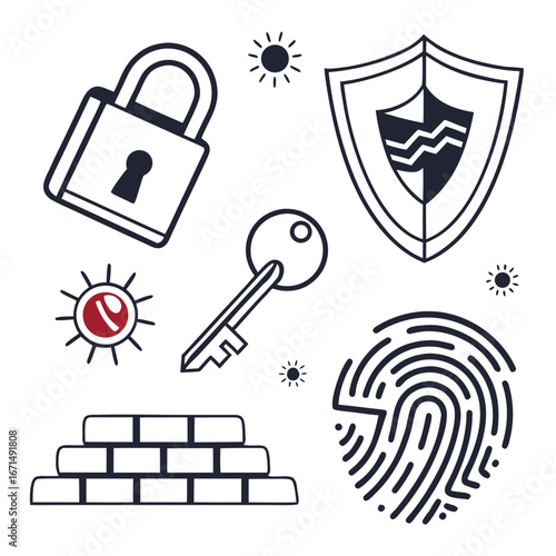 Security elements featuring a lock, shield, key, fingerprint, and brick wall, representing protection, privacy, and access control for data and systems