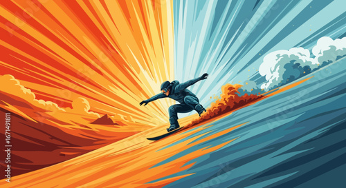A dynamic illustration of a snowboarder on a slope split between a fiery orange desert and a cold blue snowy landscape.