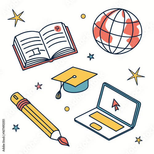 Isometric illustration of education icons, featuring a graduation cap, globe, book, pencil, and laptop, representing knowledge and learning