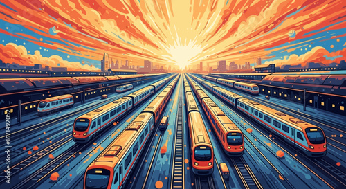 An artistic illustration of multiple high-speed trains on parallel tracks heading towards a city skyline during a vibrant sunrise.