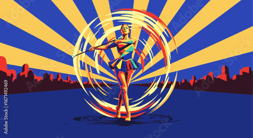 A stylized illustration of a female baton twirler performing against a retro sunburst and city skyline.