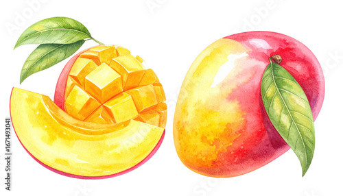 Watercolor mango yellow tropical fruit hand painted illustration