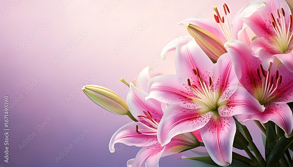 Fototapeta premium Pink lilies, close-up, soft lighting, gradient background