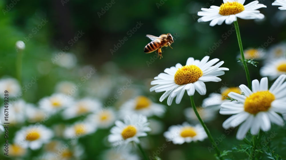 Fototapeta premium Bee flying over daisies