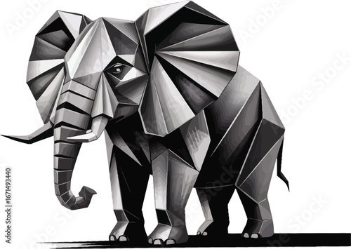 A shiny 3D render of an origami elephant with a red ribbon and bow, ready to be a birthday present