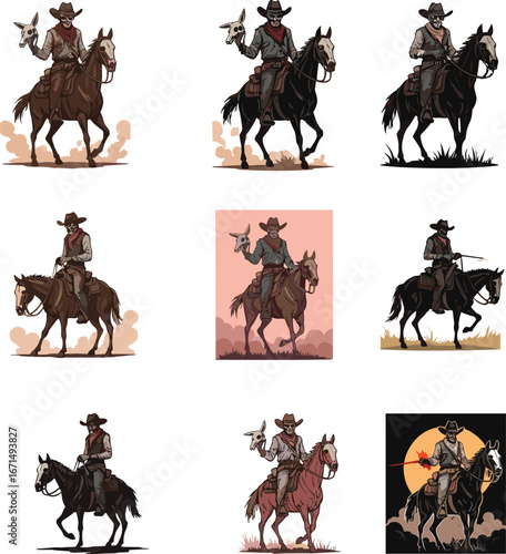 Cowboy riding horse with gun, vintage western illustration, wild west scene, retro cartoon style, flat vector drawing art