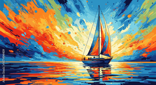 A sailboat glides across reflective water under a spectacular, colorful sky in an expressive, abstract painting.