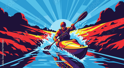 Vibrant graphic art of a kayaker navigating whitewater rapids in a canyon at sunrise.