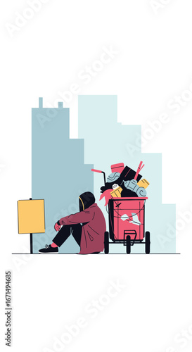 Urban isolation a person sits alone with a cart of belongings in a city landscape