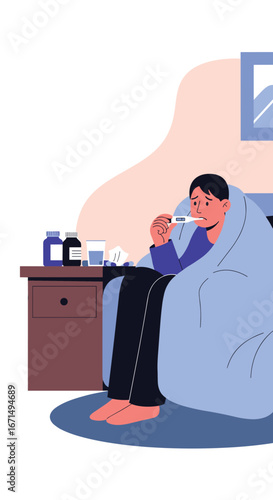 Person feeling sick in bed with thermometer and medicine on nightstand