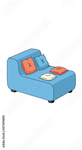 Modern blue chaise lounge with orange and teal cushions for relaxing comfort