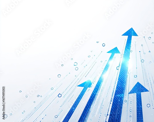 Abstract graphic with three upward-pointing, stylized blue arrows on a light-gray background;  subtle, digital effect of lines and dots