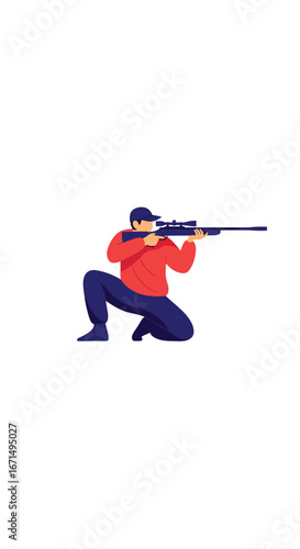 Modern marksman takes aim with sniper rifle crouched ready to fire