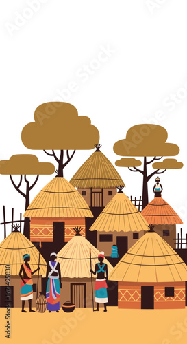 Vibrant african village scene with traditional homes and people