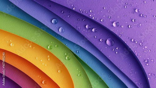 Layered rainbow-colored paper with water droplets