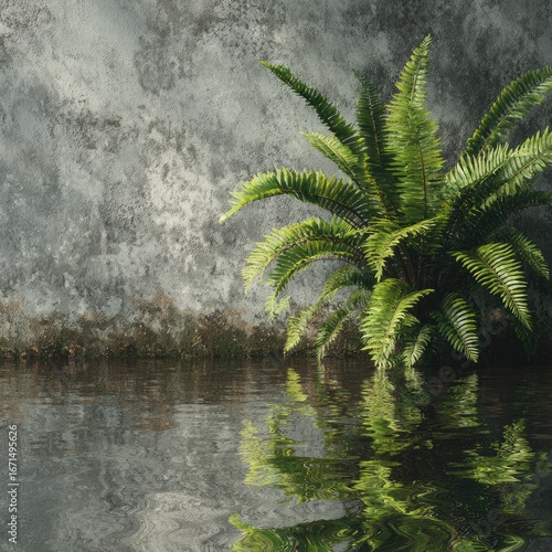 Fern by a textured wall, reflected in still water
