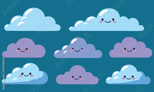 Cloud Characters Set: Collection of Seven Cute Cartoon Clouds with Happy Faces in Soft Blue and Purple Hues for Children's Designs and Sweet Graphics.
