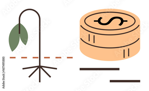 Wilted plant symbolizes failure while stacked coins with dollar sign imply financial loss or economic adversity. Ideal for investment risk, business failure, environmental impact, cash flow issues