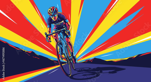 Vibrant, stylized illustration of a cyclist racing at high speed, with colorful, explosive lines radiating from the background.
