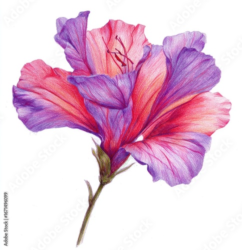 Detailed illustration of a vibrant hibiscus flower, featuring a gradient of pink and purple petals