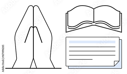 Folded hands in prayer, open book, and paper document symbolizing spirituality, learning, and thoughtful communication. Ideal for faith, meditation, education, gratitude study learning and focus