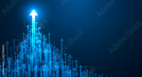 upward arrows on a dark blue background symbolizing grow achievement and success with a shining arrow pointing upwards representing the concept of business development and financial progress
