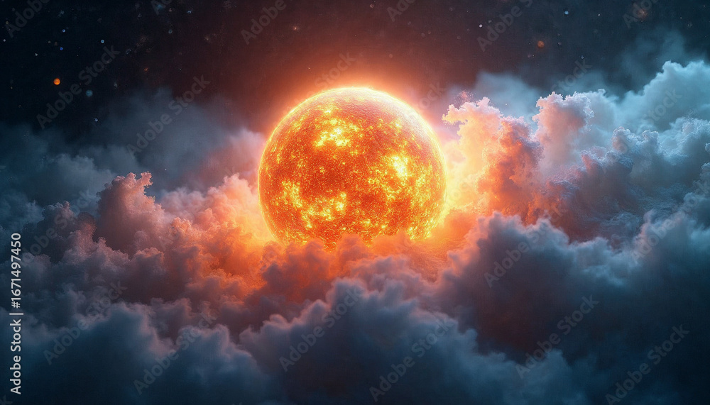Obraz premium orange glowing sun planet with clouds around it