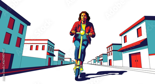 A woman rides an electric scooter down a stylized urban street in a graphic illustration.