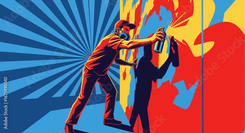 A street artist in a respirator mask spray-painting a colorful mural on a wall in a bold, graphic style.