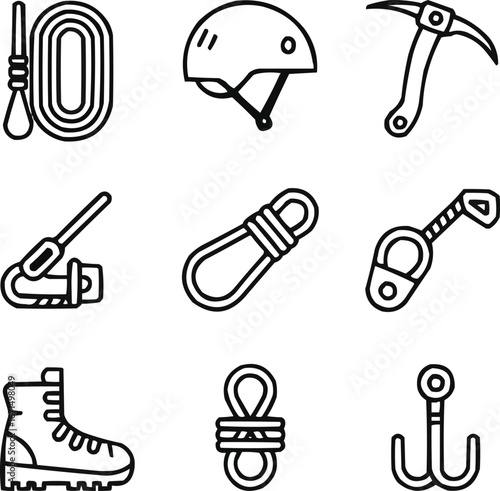 Mountaineering and Rappel Drill Outline Icon Set  Adventure and Safety Equipment