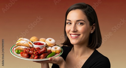 Smiling Woman Holding Plate of Sausage, Peppers, Pastries and Ketchup