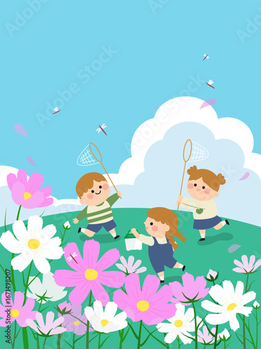 Children catching dragonflies in a cosmos field