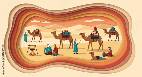 A paper cutout style illustration of a camel caravan resting in a vast desert landscape with traders and nomads.