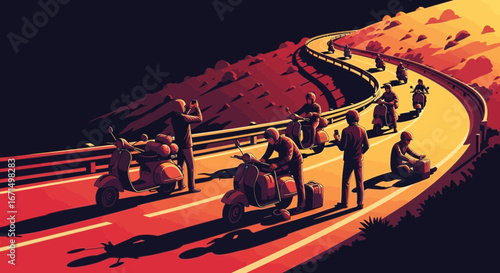 A group of friends on a scooter road trip along a winding mountain pass during a dramatic, warm-toned sunset.