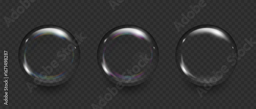 Soap 3d bubbles isolate, Round rainbow balls soap foam, Water drops, Vector illustration.