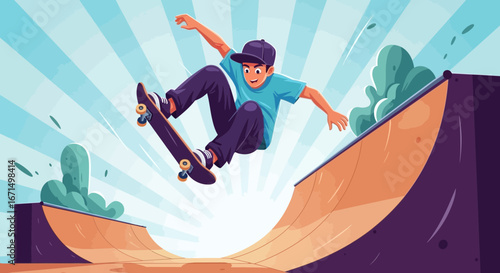 Dynamic cartoon illustration of a young boy performing a skateboarding trick on a half-pipe ramp.