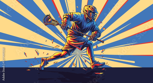 A dynamic illustration of a lacrosse player running with a stick against a stylized sunburst background.