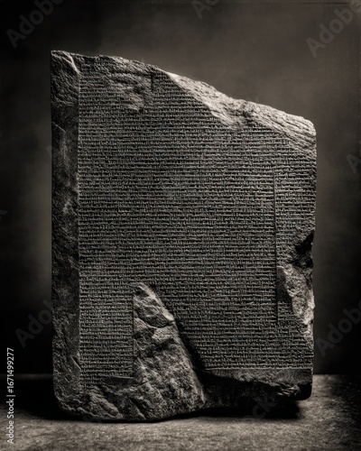 Detailed ink engraving of Rosetta Stone celebrating translation art