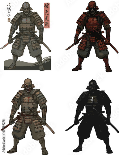 Samurai warrior character design in traditional armor, historical Japanese fighter illustration, concept art, vector silhouette, multiple color variations