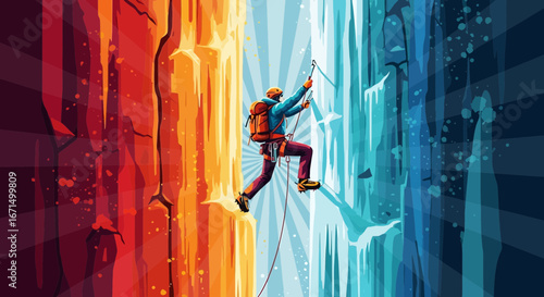 An adventurous climber tackles the extreme challenge of scaling a dual-environment cliff of fire and ice.