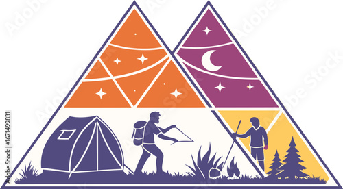 Adventurous campers experience mountains day and night, enjoying nature's beauty and starry skies.