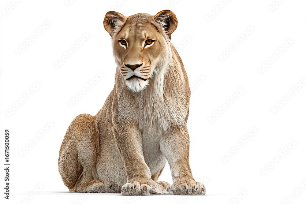 Fototapeta premium Female lion, seated, facing forward, detailed fur, on white background