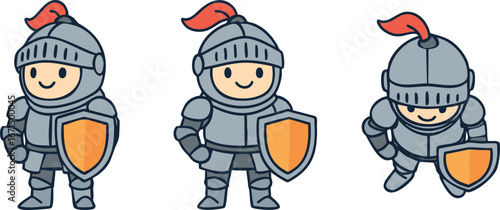 Cute armored knights with helmets shields and smiling faces