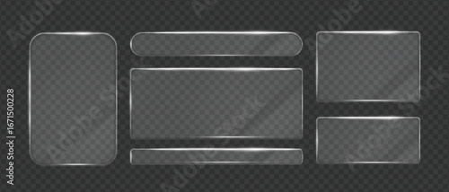 Glass transparent shiny rectangle and square shape frames set, Realistic 3d glass texture light sparkles, Vector graphics.