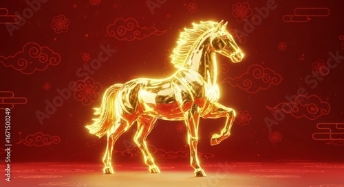 Golden shining horse with traditional Chinese patterns background